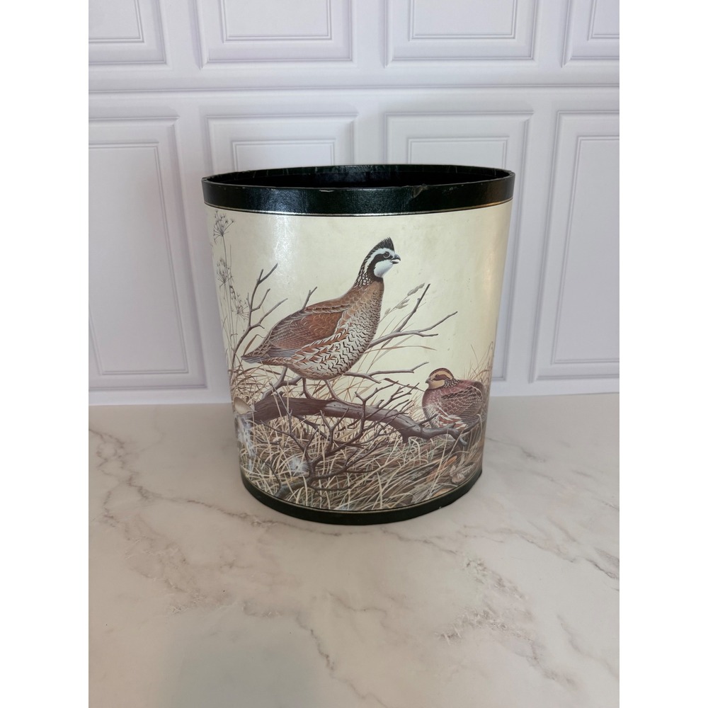 Vintage Bobwhite Quail Wastebasket Hunter Green Faux Leather Wildlife Trash Can